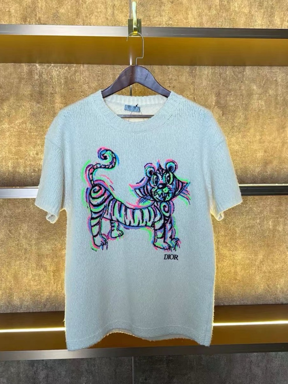 🚩steal Dior Cream Short-Sleeve Knit Top with Colorful Tiger